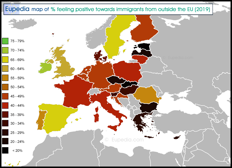 Map showing the percentage of respondents feeling positive towards immigrants from outside the EU