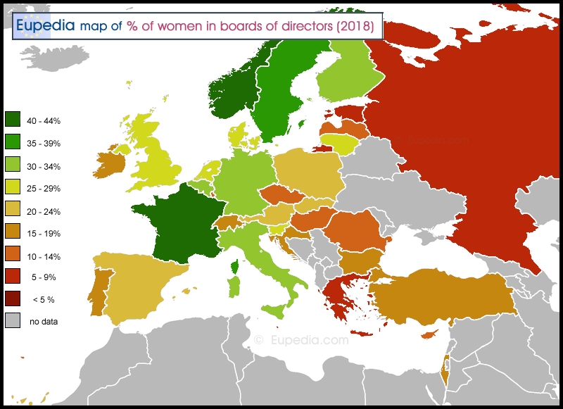 Map of percentage of women in boards of directors of large publicly listed companies in and around Europe