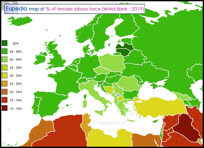 Map of female labour force in and around Europe