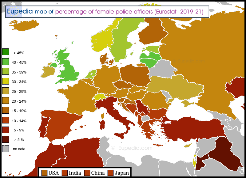 Map of percentage of women in the police forces in and around Europe