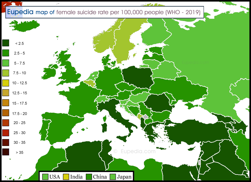 Map of female suicide rate per 100,000 people in and around Europe