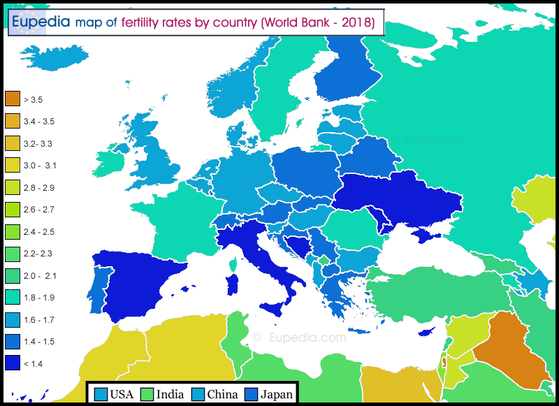 Map of fertility rates in and around Europe