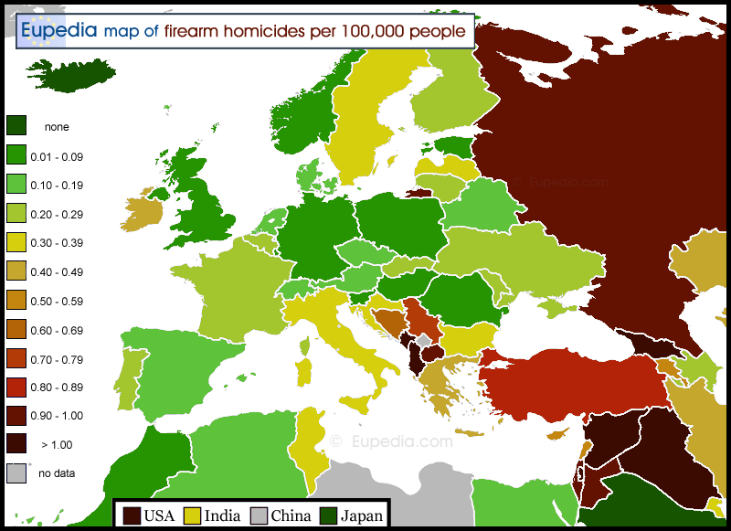 Map of gun homicide rates in and around Europe