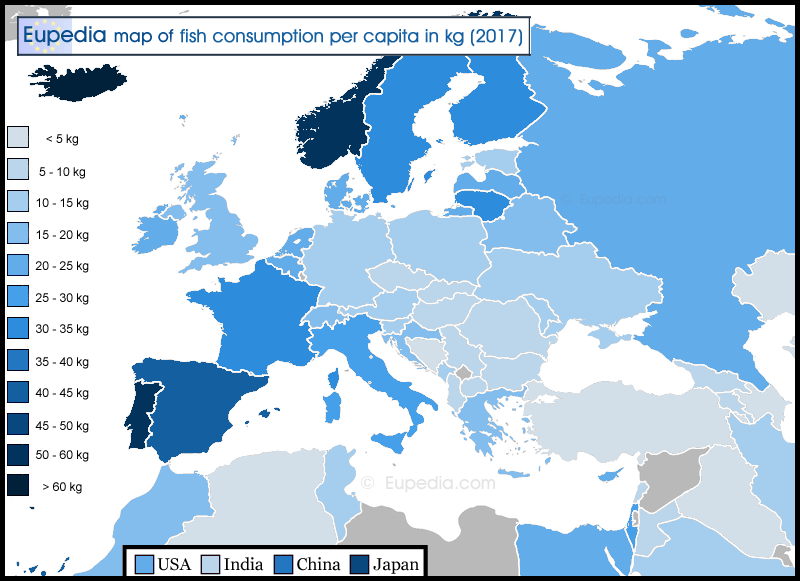 Map of fish consumption per capita per year in and around Europe