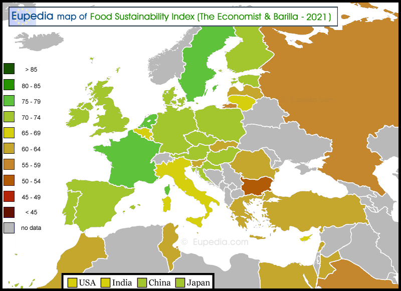 Map of Food Sustainability Index in and around Europe (2021)