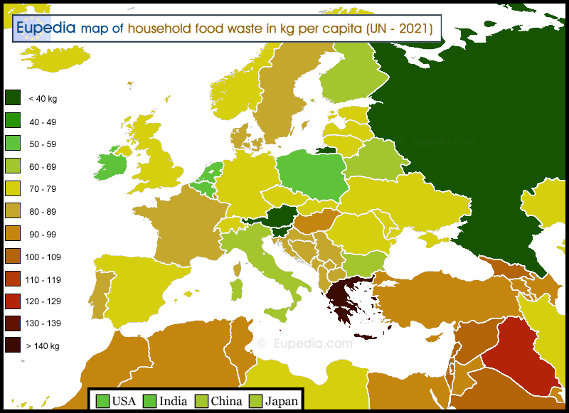 Map of Food Waste Index in and around Europe