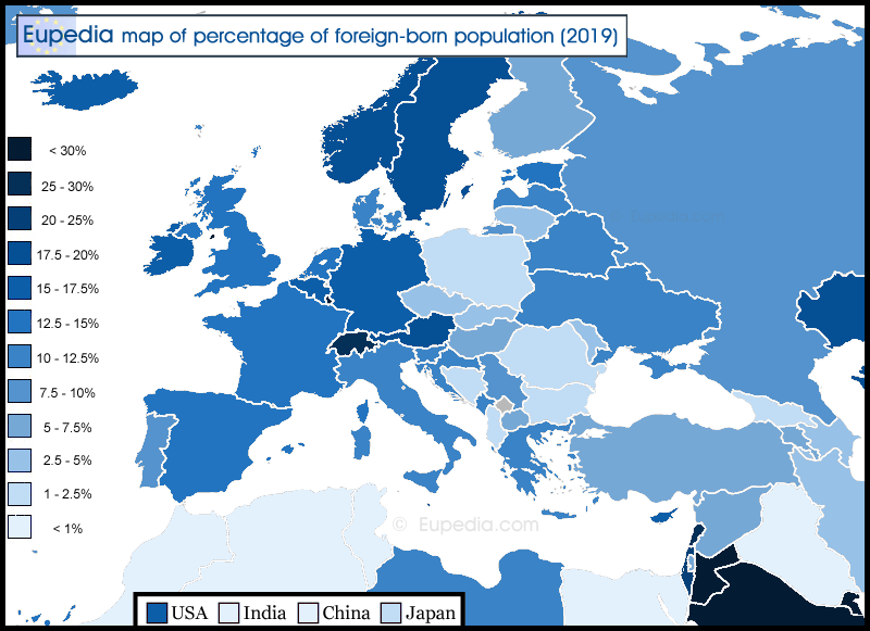 Map of percentage of foreign-born population in and around Europe