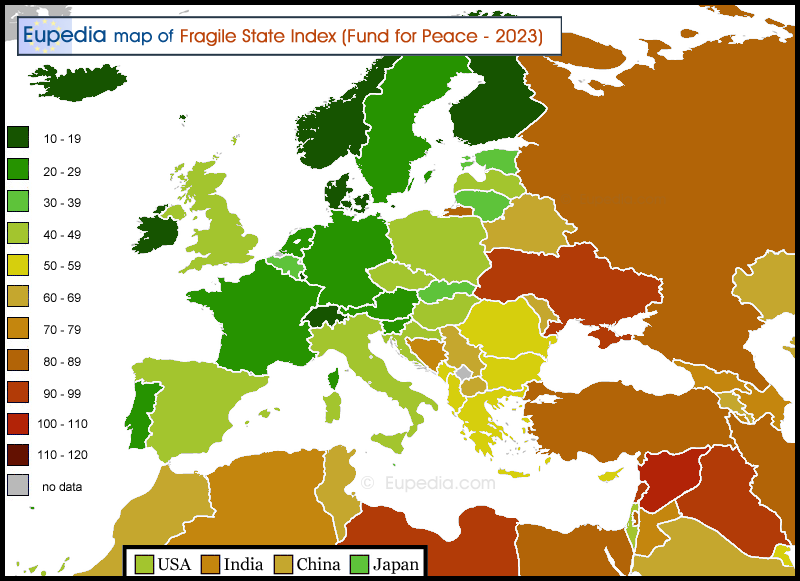 Map of the Fragile State Index by country in and around Europe