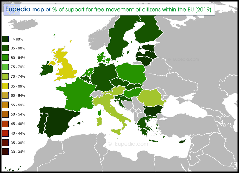 Map showing the percentage of support for free movement of EU citizens within the EU 