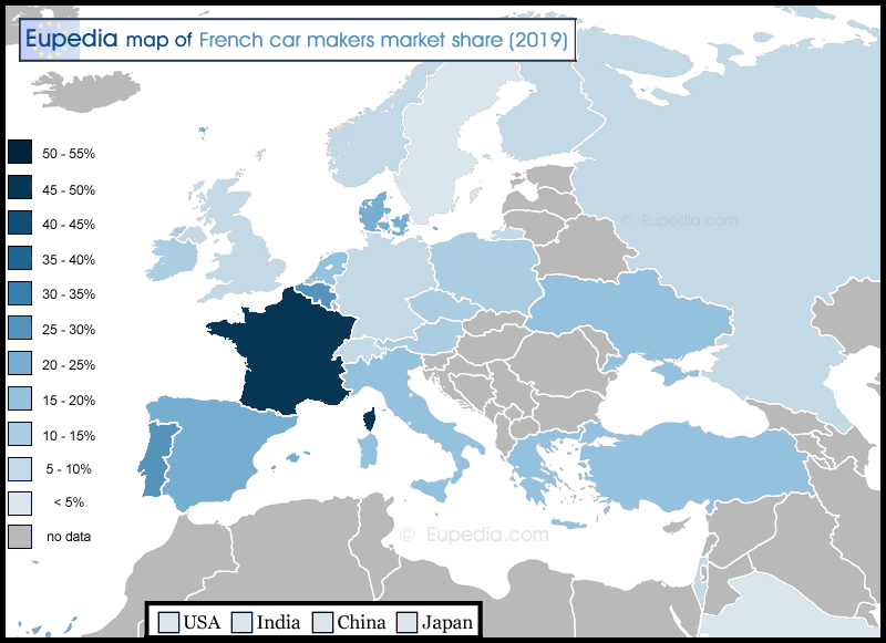 Map showing the percentage of French cars sold in 2019 in and around Europe
