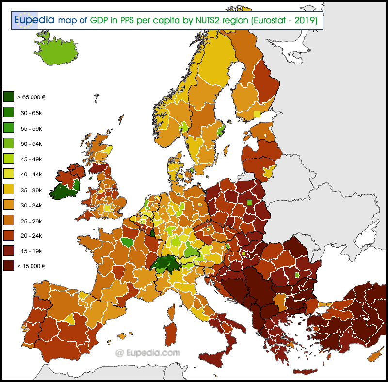 Map of GDP PPS per capita by NUTS2 region in Europe