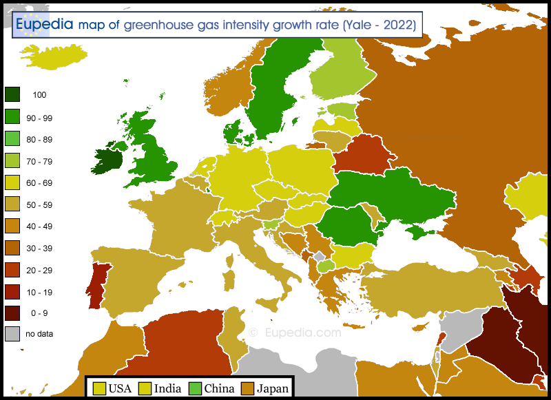 Map showing the Greenhouse gas intensity growth rate score by country in and around Europe
