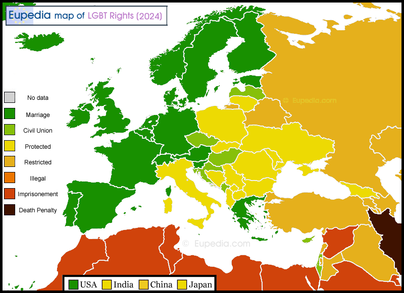 Map of homosexual rights & Same-sex marriage/civil union by country in and around Europe as of 2024