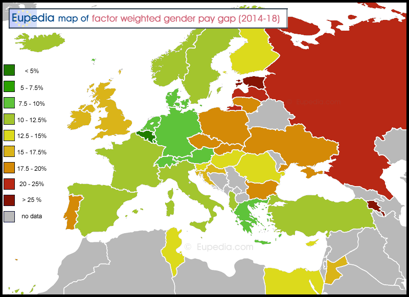 Map of adjusted gender pay gap in and around Europe