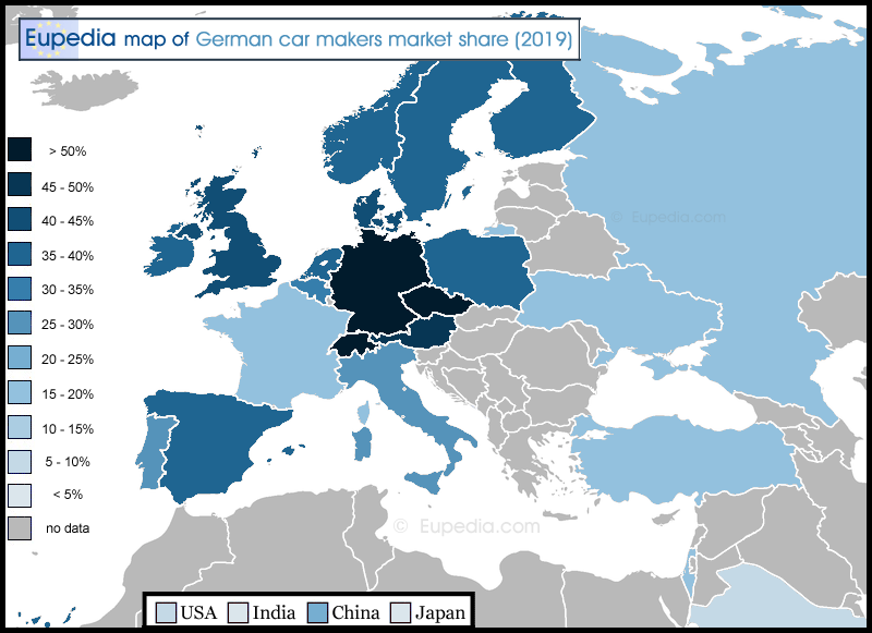 Map showing the percentage of German cars sold in 2019 in and around Europe