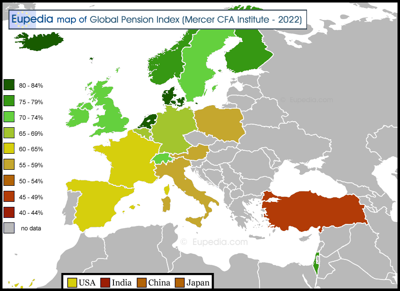Map of the Global Pension Index in Europe in 2022