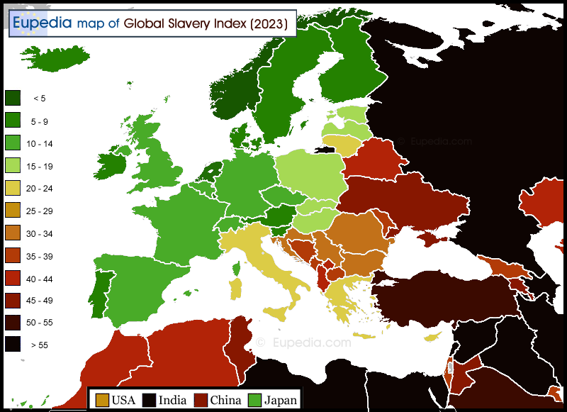 Map of modern slavery by country in and around Europe in 2023