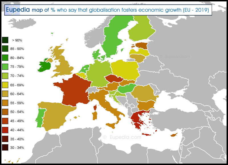 Map showing the percentage of satisfaction with democracy in own country in EU countries