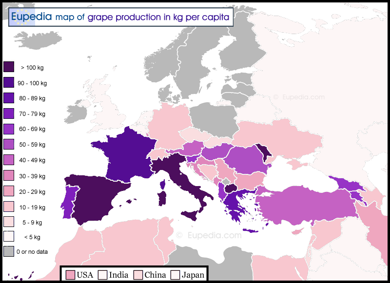 Map of grape production in kg per capita in and around Europe