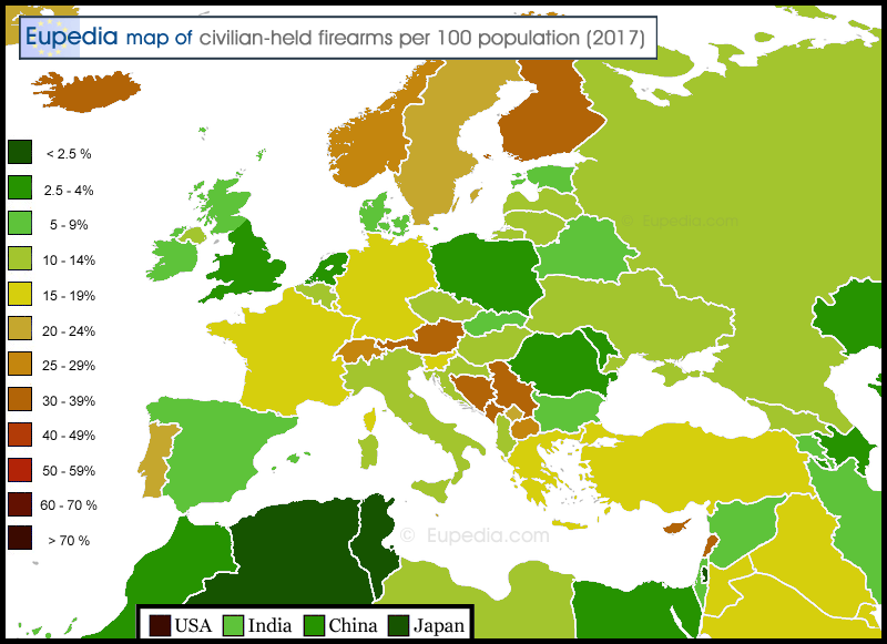 Map of civilian-held firearms per 100 people in and around Europe