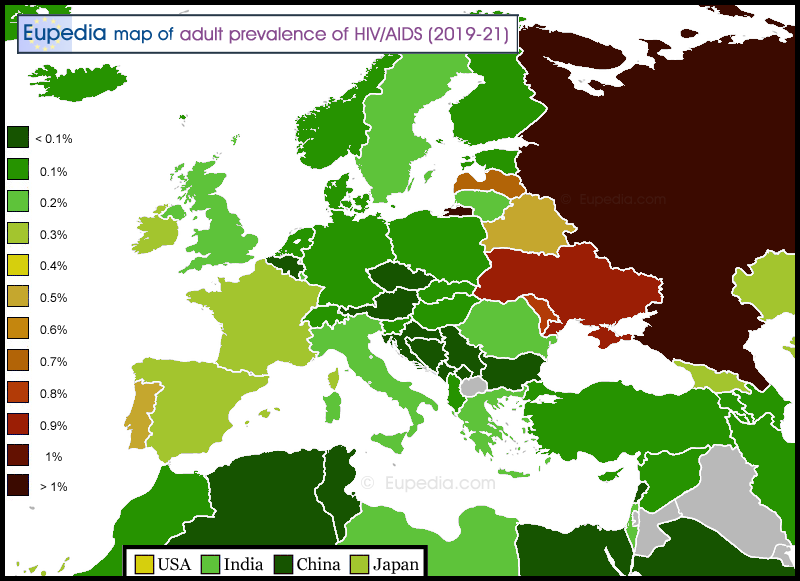 Map of HIV/AIDS adult prevalence rate in and around Europe