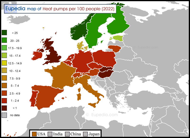 Map of heat pumps per 100 people in Europe