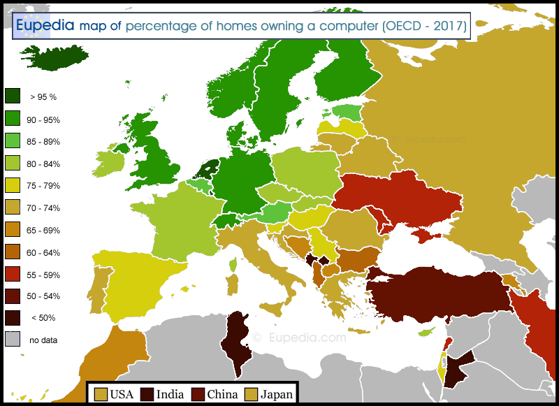 Map showing the percentage of households with a computer in and around Europe