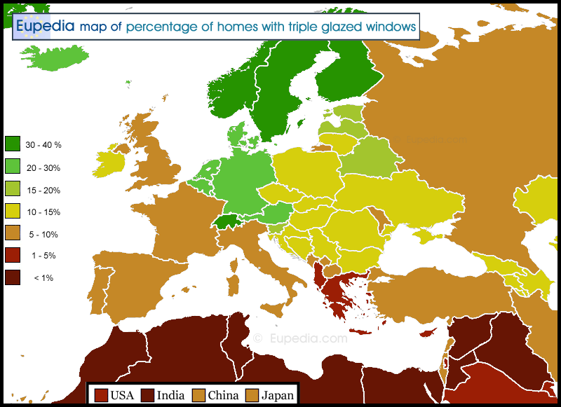 Map of percentage of homes equipped with triple-glazed windows in and around Europe