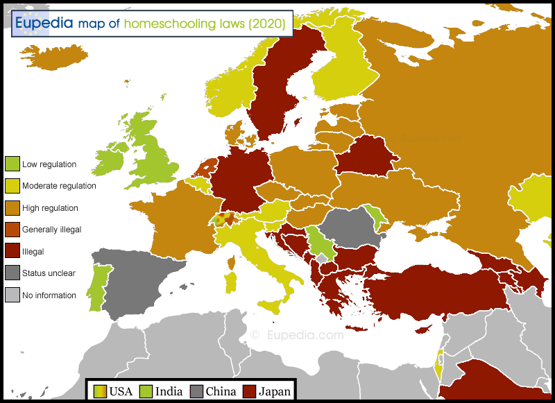 Map of homeschooling laws in and around Europe
