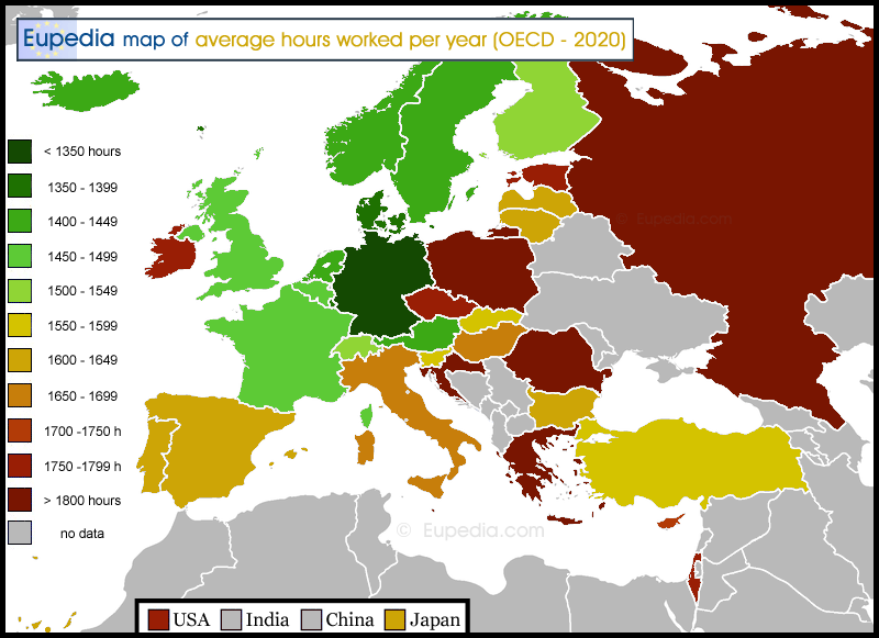 Map of hours worked per year per worker by country in Europe