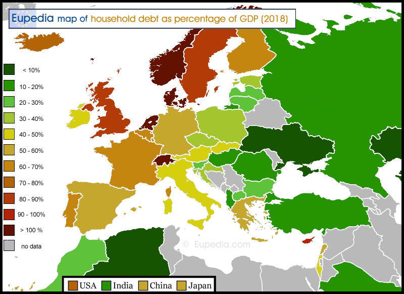 Map of household debt and loans as percentage of GDP by country in and around Europe