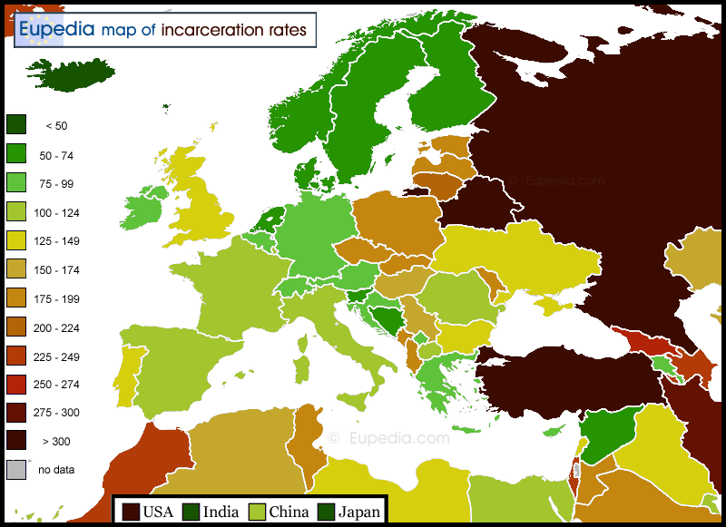 Map of incarceration rates in and around Europe
