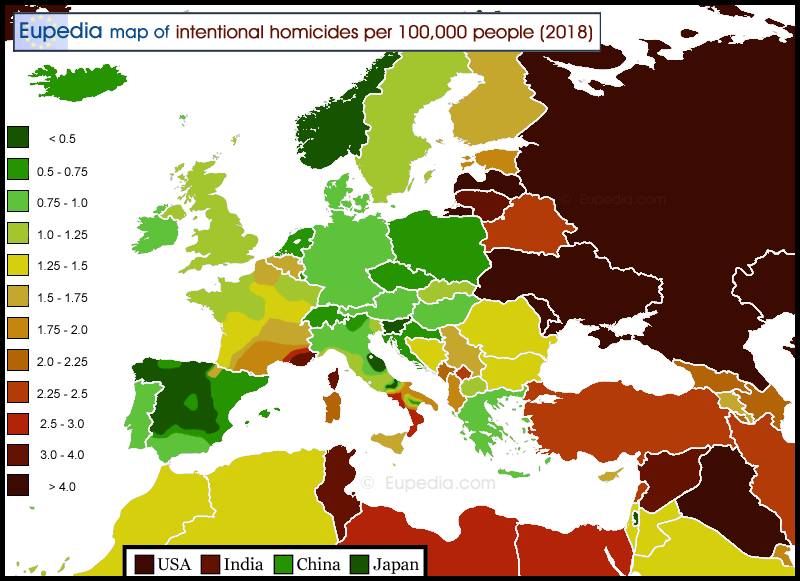 Map of intentional homicides rates in and around Europe