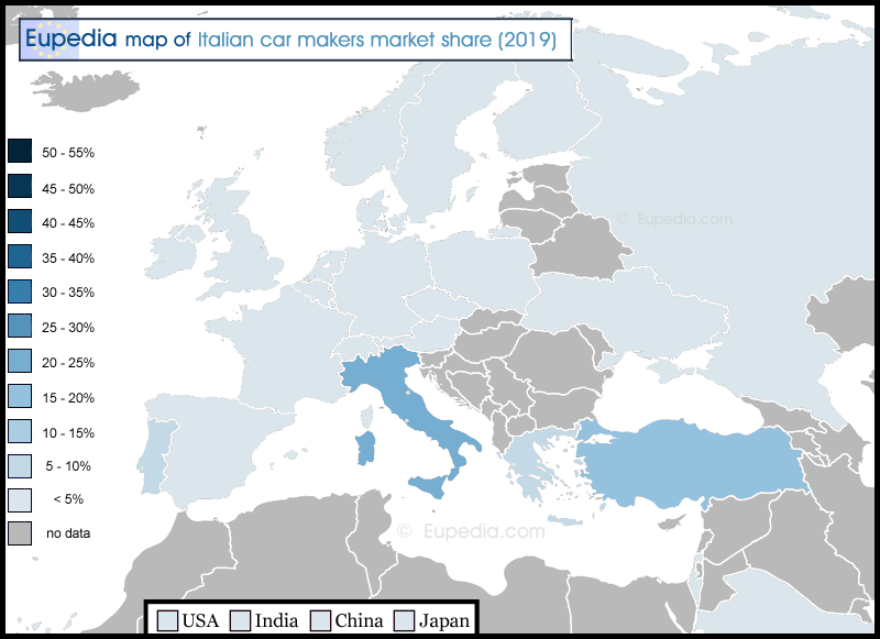 Map showing the percentage of Italian cars sold in 2019 in and around Europe