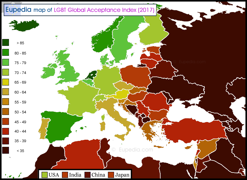 Map of LGBT acceptance by country in and around Europe