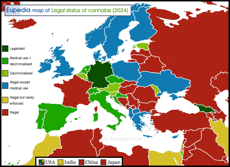 Map of cannabis laws by country in Europe as of 2024