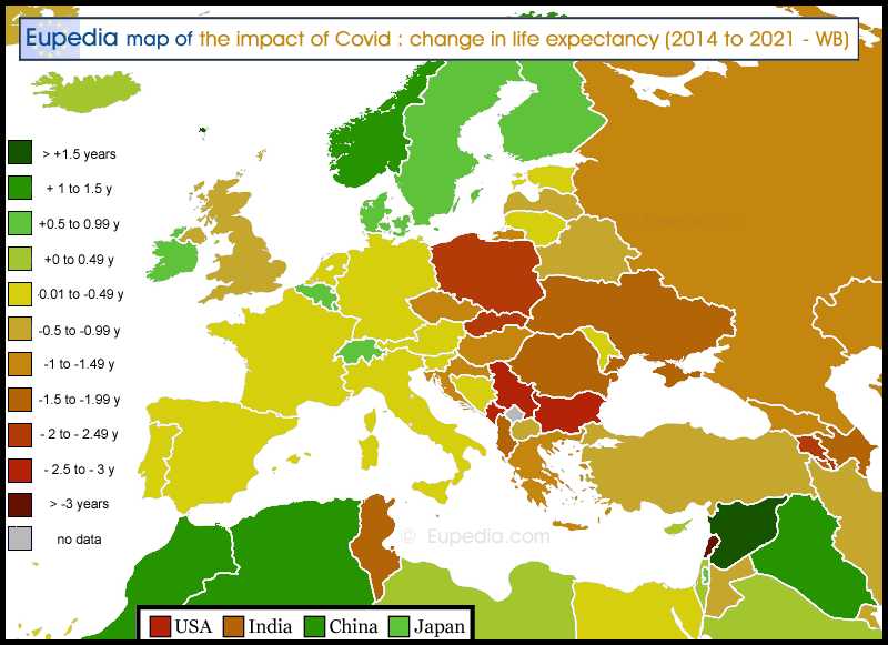 Map of the impact of COVID-19 on life expectancy (change from 2014 to 2021) in and around Europe