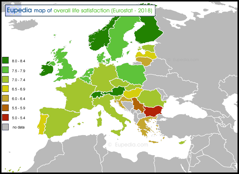Map of life satisfaction  in Europe
