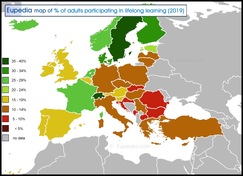 Map showing the percentage of adults aged 25 to 64 who participated in lifelong learning in Europe