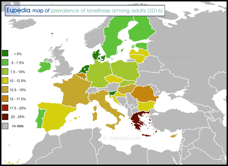 Map showing the percentage of people feeling lonely most of the time in the European Union