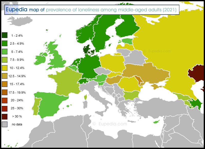 Map showing the prevalence of loneliness in middle-aged adults in Europe