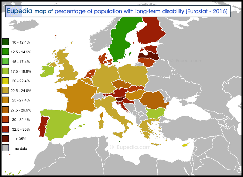Map showing the percentage of the population with long-term disability in Europe