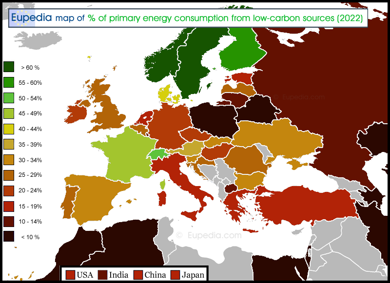 Map of share of primary energy consumption from low-carbon sources in and around Europe in 2022