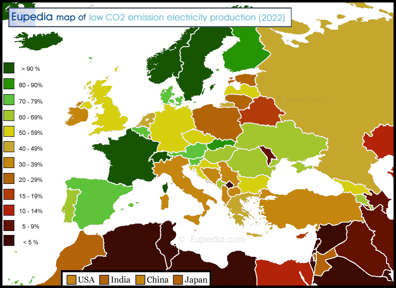 Map showing the percentage of electricity produced from low CO2 sources (nuclear, hydro, wind, solar) in and around Europe