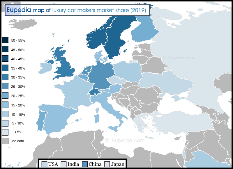 Map showing the percentage of luxury cars sold in 2019 in and around Europe