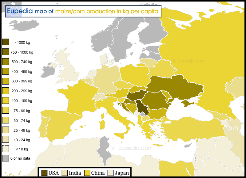 Map of maize production in kg per capita in and around Europe