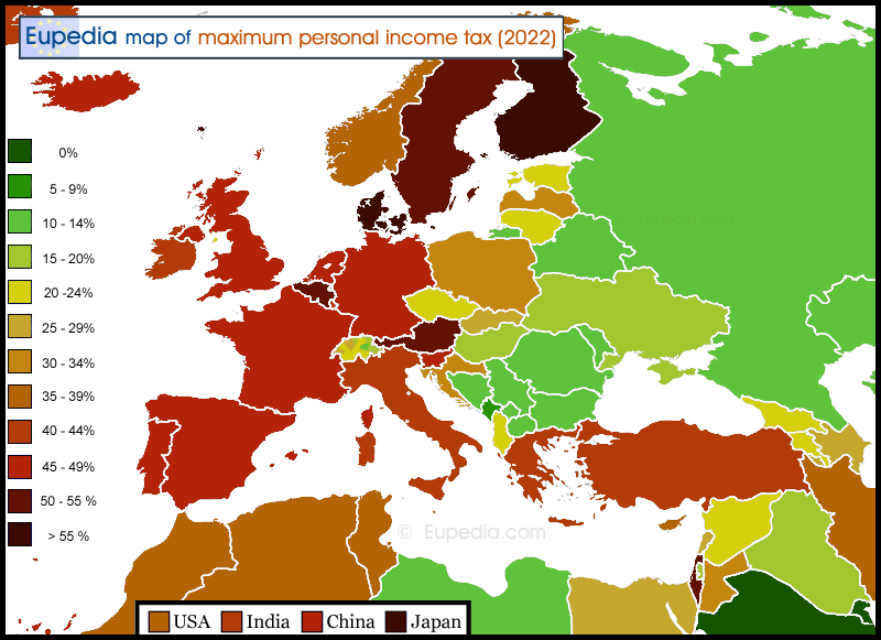 Map showing the maximum personal income tax rate in and around Europe