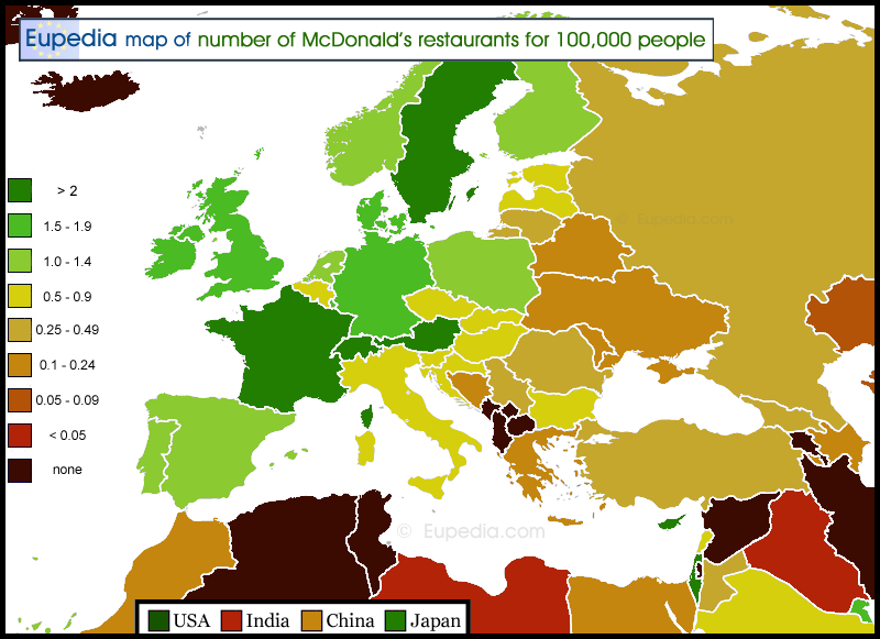 Map of the number of McDonald's restaurants per 100,000 inhabitants in and around Europe