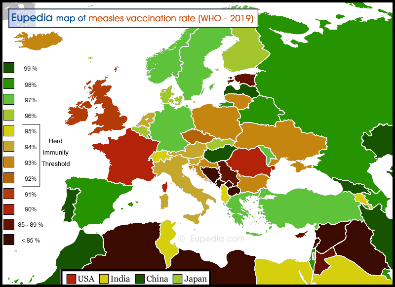 Map of measles vaccination rates  in and around Europe