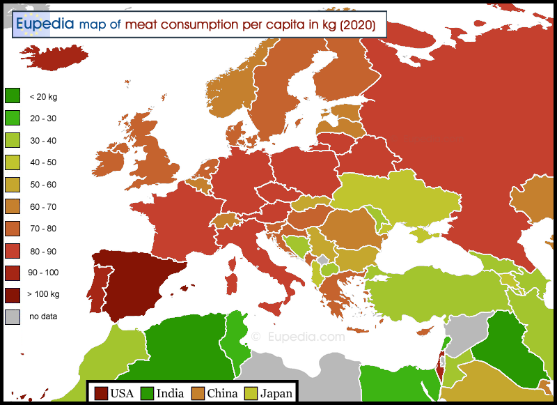 Map of meat consumption per capita per year in and around Europe